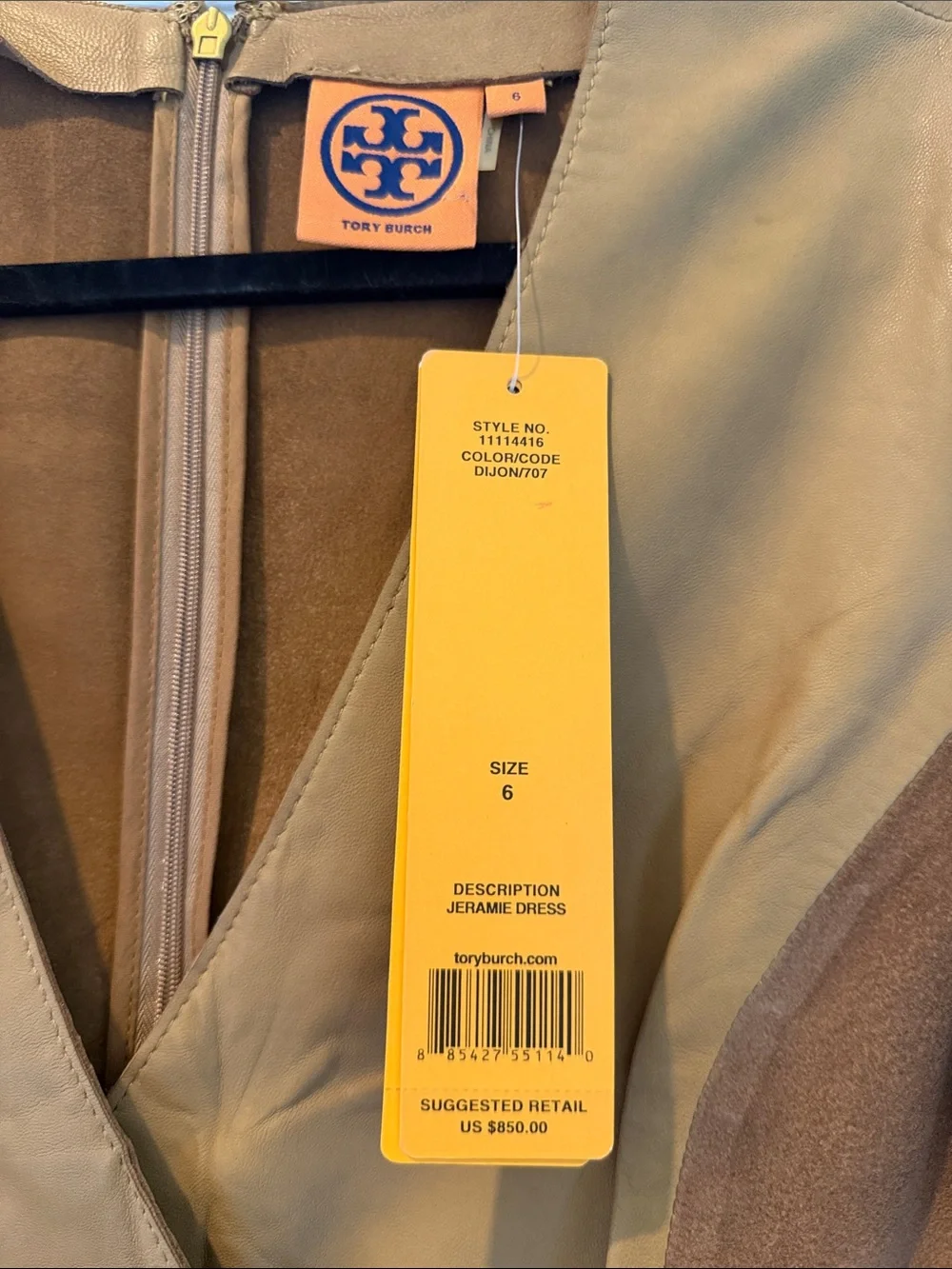 Tory Burch Camel/Tan Leather V-Neck Sheath Dress